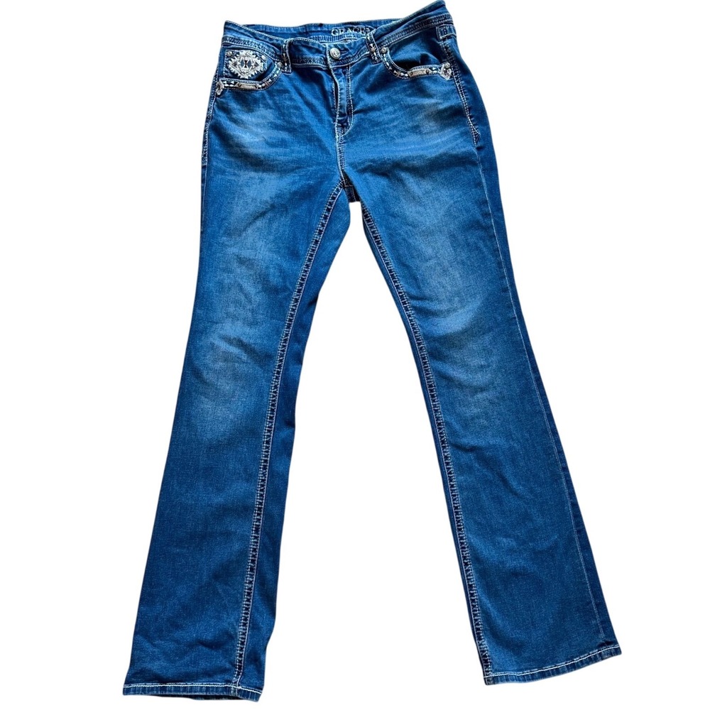 Grace in LA Jeans Women Western Boho 31 Blue Denim Cotton Blend flare leg